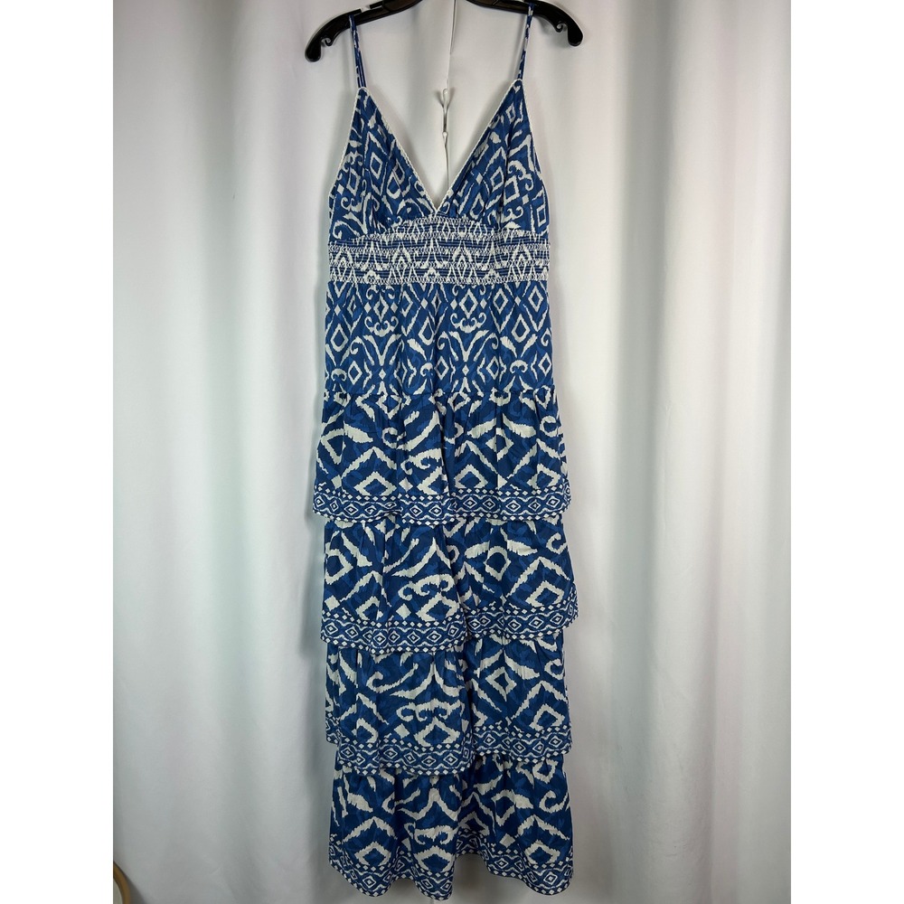 House of Harlow Greece Blue Ikat Tiered Maxi Dress Boho Resort Summer Large